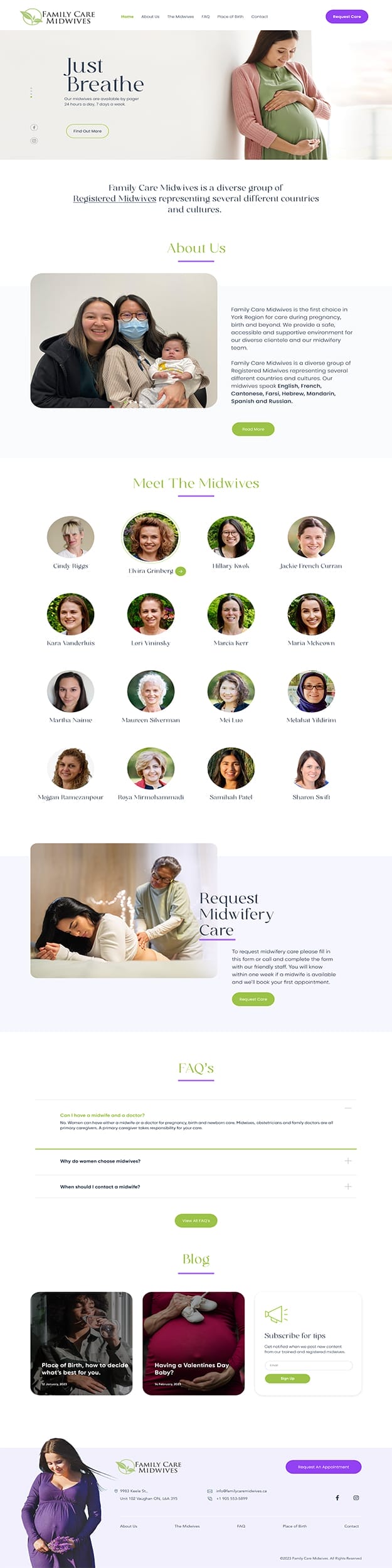 Screenshot of the Family Care Midwives website's homepage