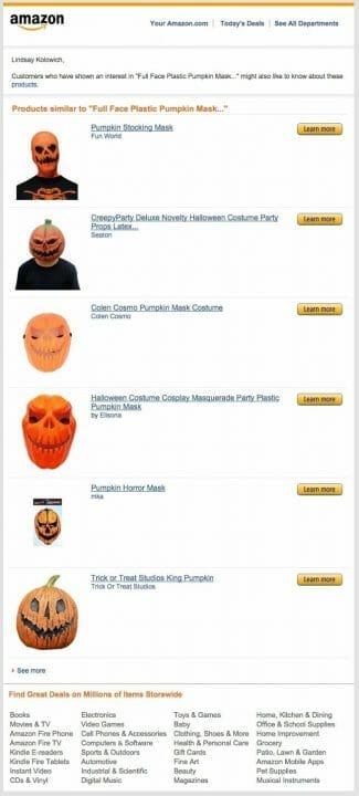 Amazon Personalized Email Advertisement Recommending Halloween Costume Ideas
