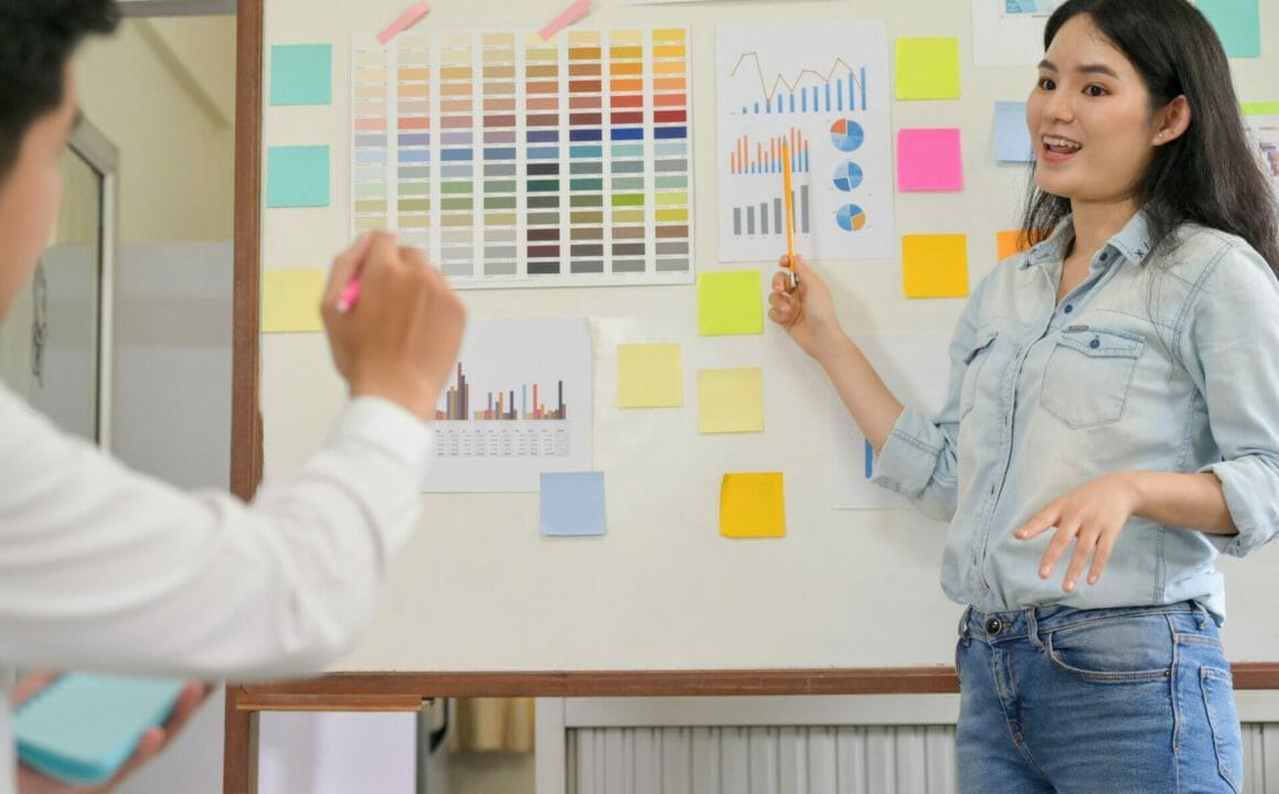 Portrait Of Marketing Team Discussing Analytics Data On A Whiteboard.